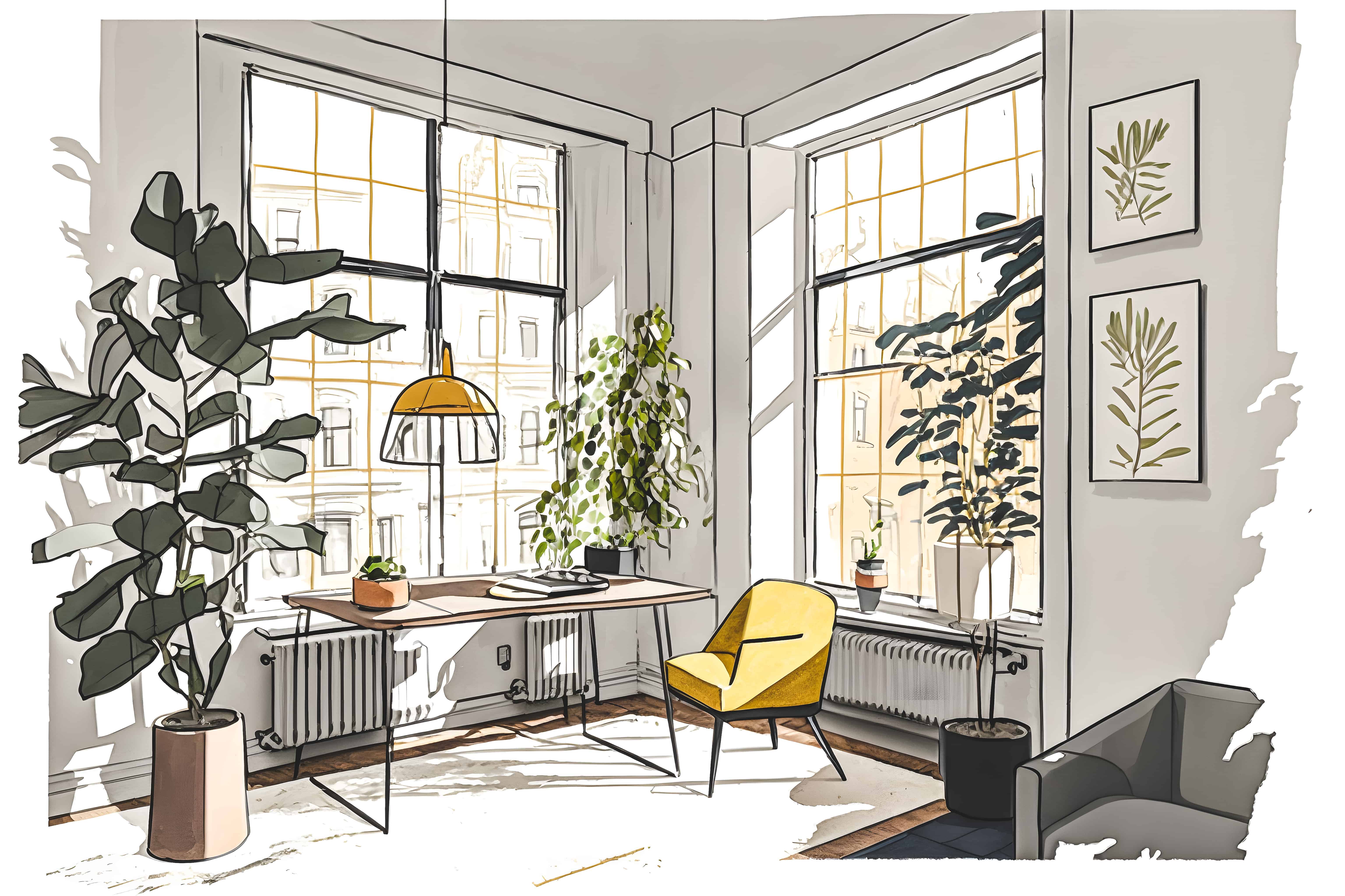 Interior design studio with blueprints